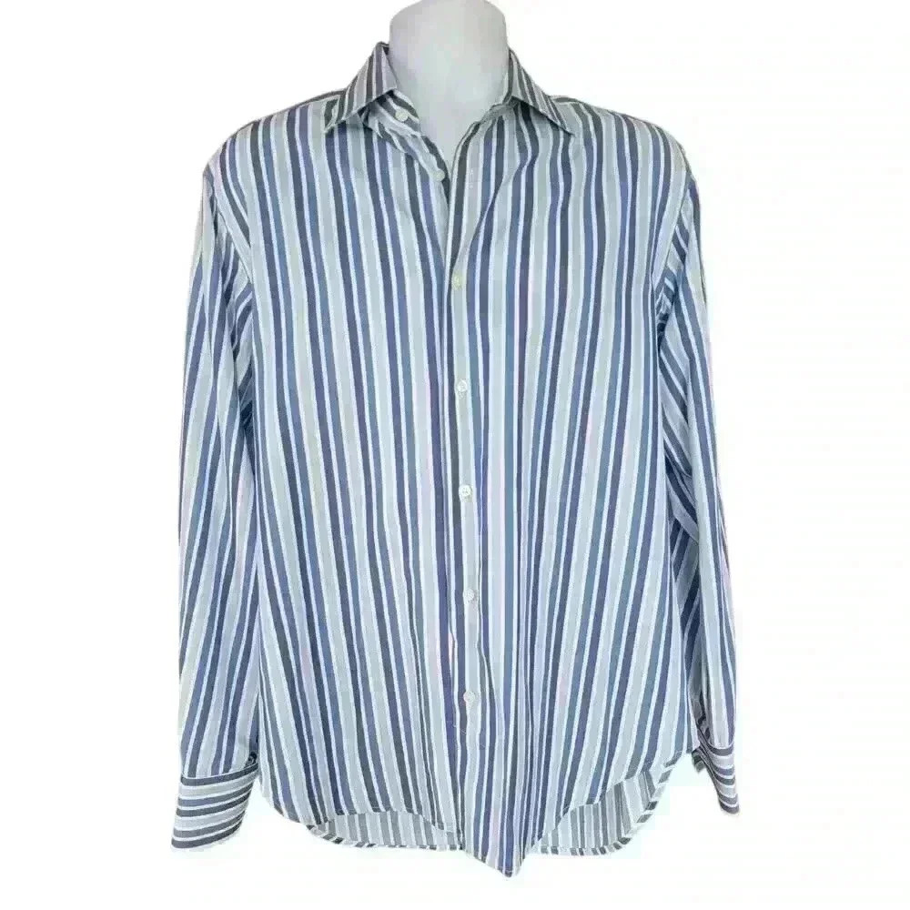 Zara Button Down Mens Size 16 Blue Striped Tailored Fit Shirt Long Sleeve Collar